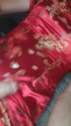 Lars Damberger Masturbating in a Red Asia Satin Cheongsam