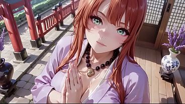 AI- Red-haired Kimono Goddess! Kneeling under the sacred Torii gate, she adjusts her soaked backless outfit with a shy gaze. Watch as liquid drips down her collarbone in this intimate shrine fantasy.