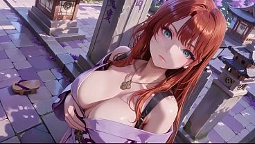 AI- Red-haired Kimono Goddess! Kneeling under the sacred Torii gate, she adjusts her soaked backless outfit with a shy gaze. Watch as liquid drips down her collarbone in this intimate shrine fantasy.