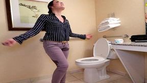 whitney locked belt peeing her pants by toilet