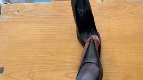 Shoejob over cockbox with long pointed heels and cum inside shoe before wear it