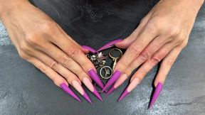Jewelry Fetish, try on my rings on my New purple color Long nails, sharp stilettos