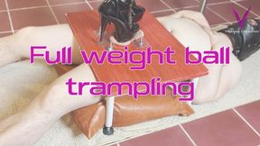 BBW Dominatrix CatastroV performs full-weight ball trampling CBT on Her boy