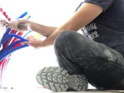 Perverted plumber gets horny while he's working on radiator plumbing in construction