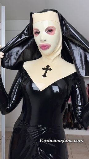 Latex Nun Miss Fetilicious Getting Ready for Service