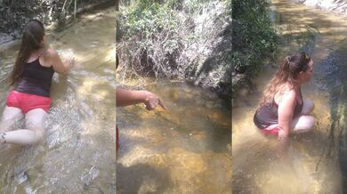 POV Cute Country Girl On Her Hands and Knees In Dirty Spring Water Enjoying The Simplest Things In Life