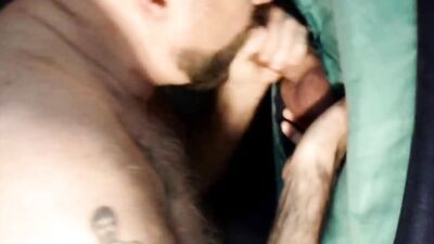 Perverted bear gives his bud a bj through a glory hole