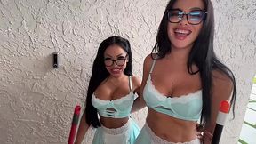 Two sexy maids came in to clean my apartment and my dick too