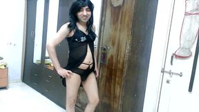 Sexy sissy crossdresser femboy Sweet Lollipop in hot black babydoll.