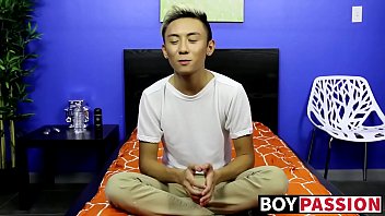 Asian twink strips naked and masturbates after an interview