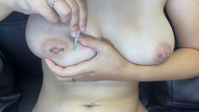 Pulling hair with tweezers on natural tits! Pain!