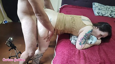 Curious Goddess - hot blonde Milf with big ass in a dress without panties sucking and sitting on dick giving hairy pussy facesitting handjob cumshot cum licking part 2