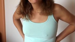Stepmother can'_t resist anymore and she masturbates in front of her stepson, asking him to cum on her tits
