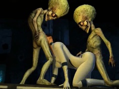 3D cartoon brunette getting double teamed by aliens