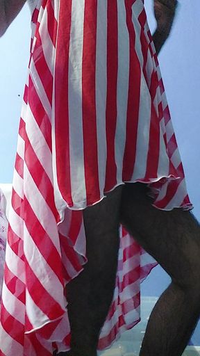 Boy masturbating and cum wearing a Silk Seethrough Chiffon Fleared Red and white Strips Skirt