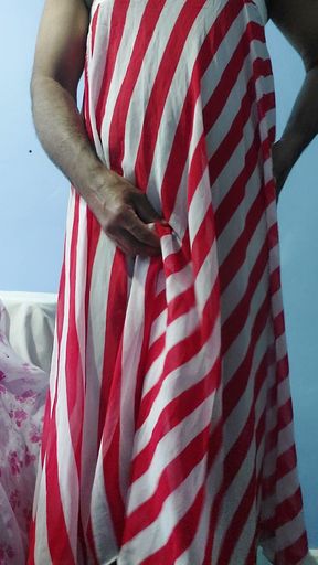Boy masturbating and cum wearing a Silk Seethrough Chiffon Fleared Red and white Strips Skirt