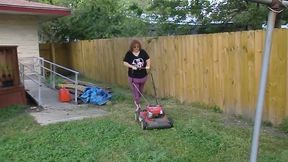 Nurse Vicki Mowing Grass dressed then topless