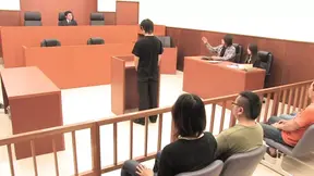 Innocent Japanese cutie gets triple cock action in court room