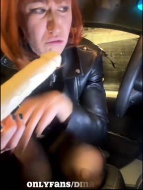 Public parking, Blonde walks naked, stockings, high heels, car, risk Squirt red hairy pussy