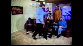 Two lesbians get pounded by a pack of big black cocks