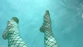 Green Fishnet Tights Underwater in the Pool