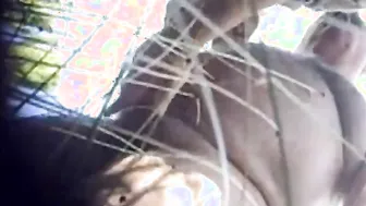 Bear daddy jerks off outdoors with a stranger watching