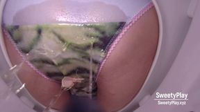Wet Pussy Pissing Through Panties While Sitting on Toilet