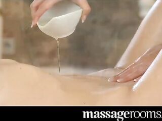 Nice-looking lesbo oily labia massage