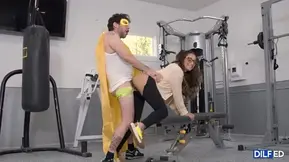 Petite bimbo with glasses gets roughly fucked in the gym
