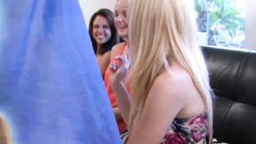 ”Bombshell babes tugging strippers shaft at an office party”