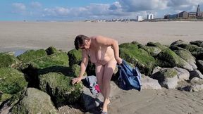 A busty milf naked on a public beach