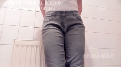 Blonde desperate pee in grey pants shaking orgasm