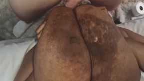 Cumshot over giant black bbw tits Doreen 52LL