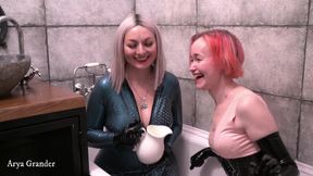 Positive Femdom latex rubber video, lesbians in the bath with food