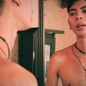 Hot Skinny Twink Jerking His Big Cut Cock in Front of the Mirror