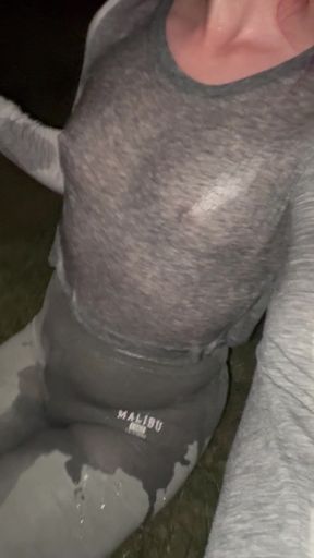 Unsupervised Cutie soaks her grey outfit with no bra but thigh high stocking inter leggings