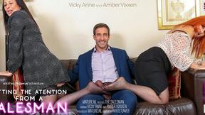 ”Two horny mature housewives getting it on with a salesman”