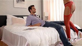 American star Layla Sin gives a footjob in stockings