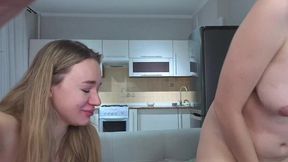 blonde & brunette lesbians: chug water, floor piss swap