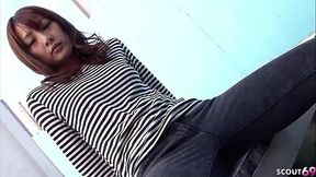 Skinny Japanese Teen give clothed Blowjob to Stranger and swallow cum