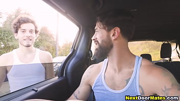 Horny hunk picks up young hitchhiker for gay sex