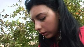 Beautiful dark haired teen pleasing a old cock in public
