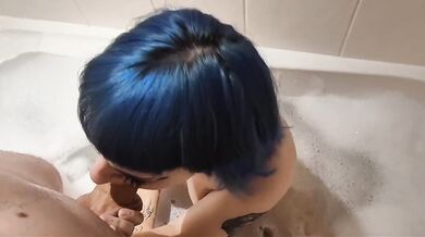 British egirl deep throats blue hair cum drenched bath