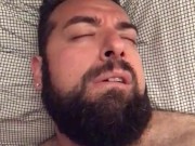 Big hairy bearded bear woke up very horny and wanking in bed. Beautiful agony. Orgasm face