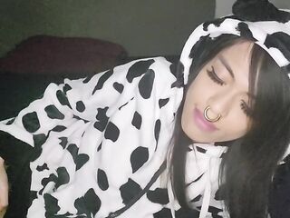 Little Trans Oriental Cow-Angel Likes Milk from Self Facial