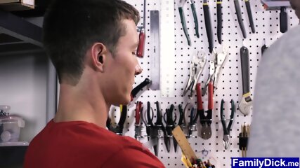Old stepdad fucks his stepson on a workbench bareback