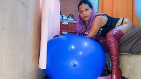 Sexy Juju Rides To Pop Huge Balloons Dress In Lingerie And High Heel Boots