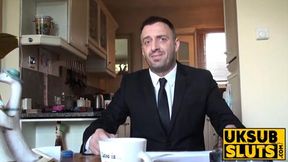 UKSubSluts com - Slutty girl gets spit on her face while maledom torments her with fun