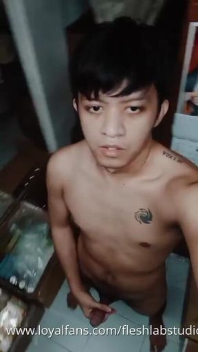 Tattooed Pinoy Twink Jerks Off Naked in Mirror, Strangers Nearby