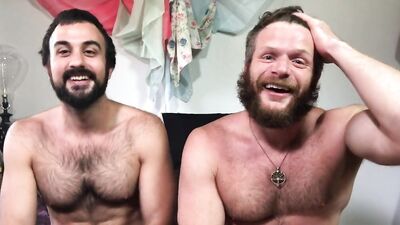 Bearded guys strip naked to tease and suck each other off